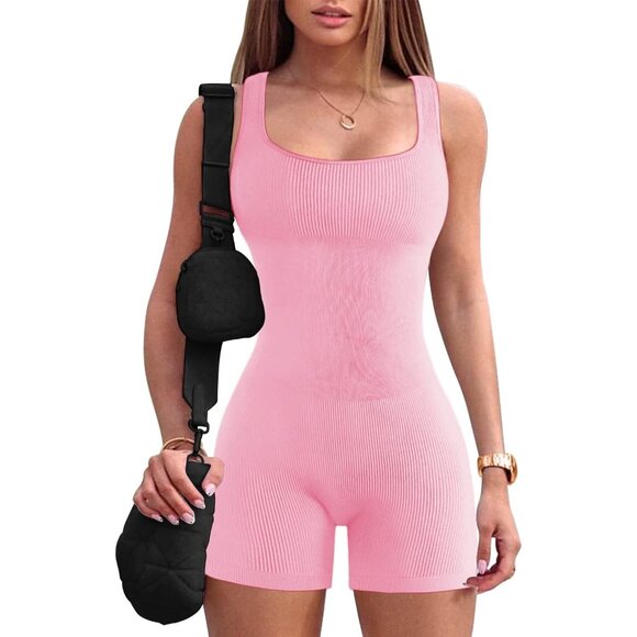 🆕 Women Pink Yoga Jumpsuit Ribbed One Piece Tank Top Sleeveless Bodycon Sport - Picture 1 of 4